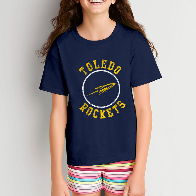 University of Toledo Rockets Distressed Circle Logo Heavy Cotton Short Sleeve Youth T Shirt - Navy