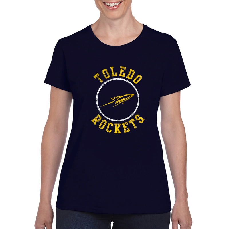 University of Toledo Rockets Distressed Circle Logo Heavy Cotton Short Sleeve Womens T Shirt - Navy