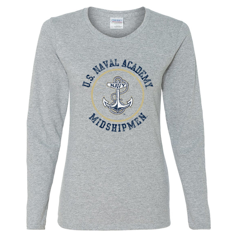 United States Naval Academy Midshipmen Circle Logo Womens Long Sleeve T Shirt - Sport Grey