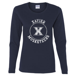 Xavier University Musketeers Distressed Circle Logo Long Sleeve Womens T-Shirt - Navy